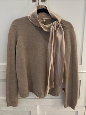 Tory Burch Sabine Beige Sweater with Silk Neck Tie Size Small EUC